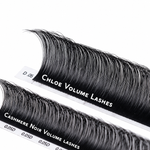 0.05 Chloe Volume Lashes and Cashmere Noir Volume Lashes comparison with matte black lash fibers for handmade volume fans