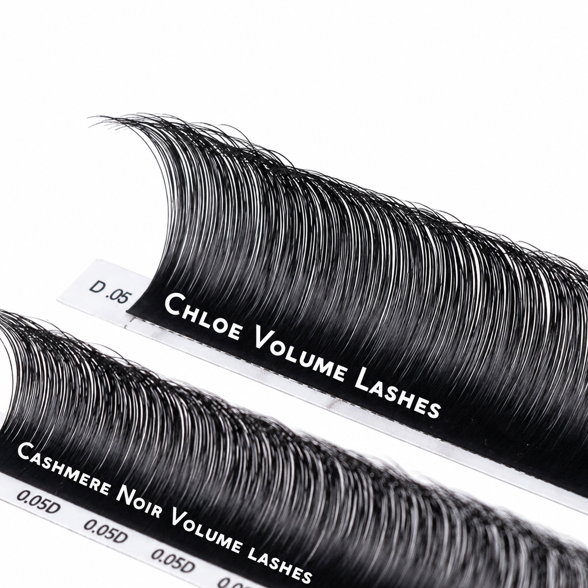 0.05 Chloe Volume Lashes and Cashmere Noir Volume Lashes comparison with matte black lash fibers for handmade volume fans