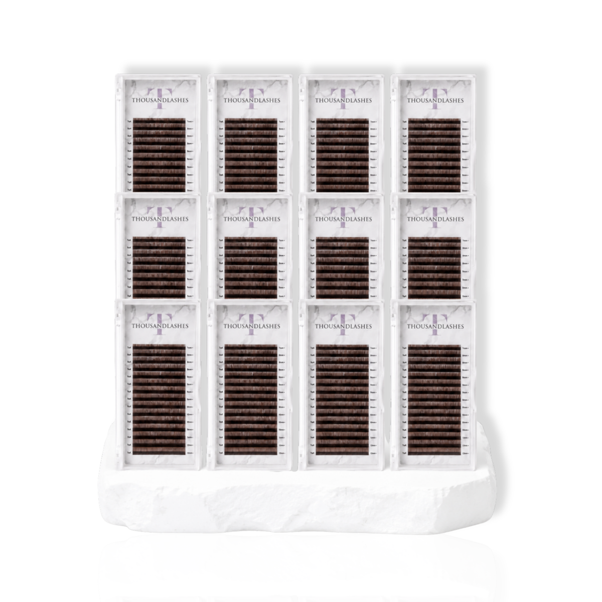12 Tray Set Cashmere Brown Collection Volume Lashes with soft brown matte lash fibers for volume lash extensions