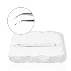 45-degree angled lash isolation tweezer with white marble-pattern handle showing a close-up of the fine precision tip on a white background.