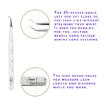 45-degree angled lash isolation tweezer with white marble-pattern handle showing the precision tip, close-up angle detail, and built-in ruler for measuring lash length and distance.