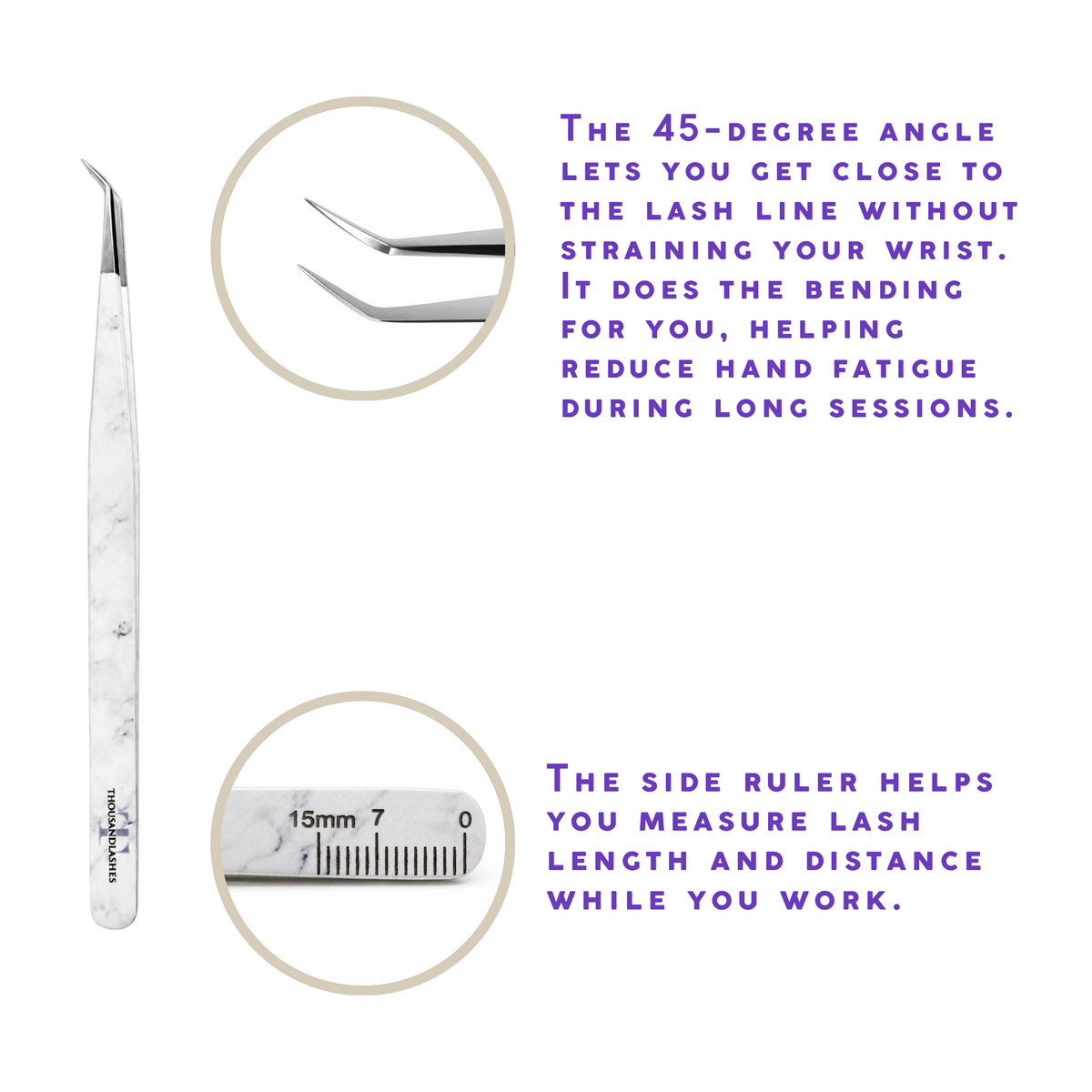 45-degree angled lash isolation tweezer with white marble-pattern handle showing the precision tip, close-up angle detail, and built-in ruler for measuring lash length and distance.