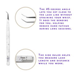 45-degree angled lash isolation tweezer with white marble-pattern handle showing the precision tip, close-up angle detail, and built-in ruler for measuring lash length and distance.