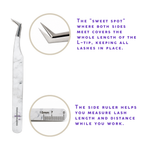 Angled L-shaped lash tweezer with white marble-pattern handle showing the L-tip design, close-up of the precision tip, and built-in ruler for measuring lash length and distance.