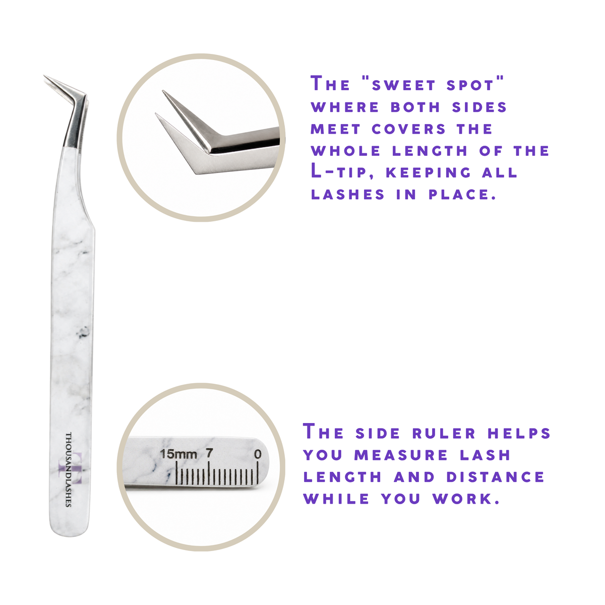 Angled L-shaped lash tweezer with white marble-pattern handle showing the L-tip design, close-up of the precision tip, and built-in ruler for measuring lash length and distance.