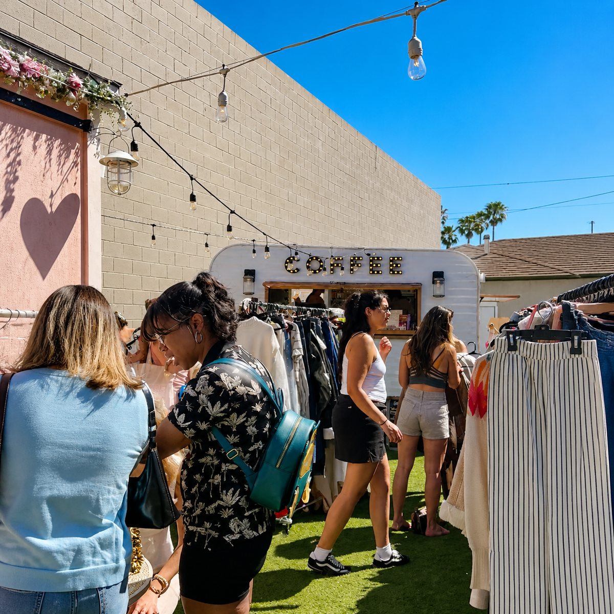 Attendees gathering near the coffee trailer during an outdoor wellness event.