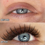 Before and after Cashmere Brown Volume Lashes showing a natural brown lash extension transformation