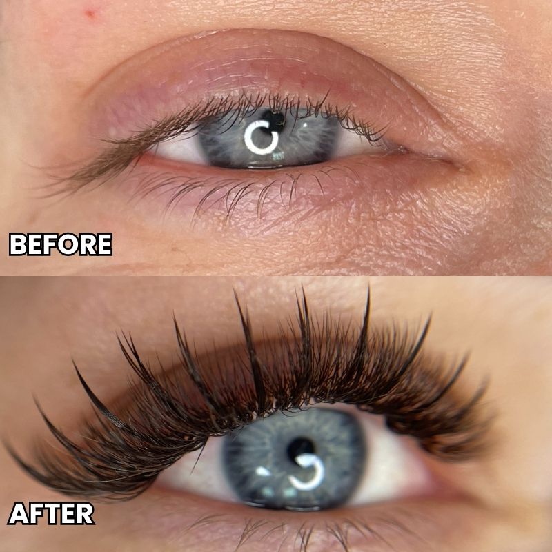 Before and after Cashmere Brown Volume Lashes showing a natural brown lash extension transformation