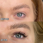 Before and after Cashmere Brown Volume Lashes showing soft matte brown lash extension results