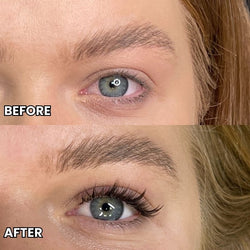 Before and after Cashmere Brown Volume Lashes showing soft matte brown lash extension results