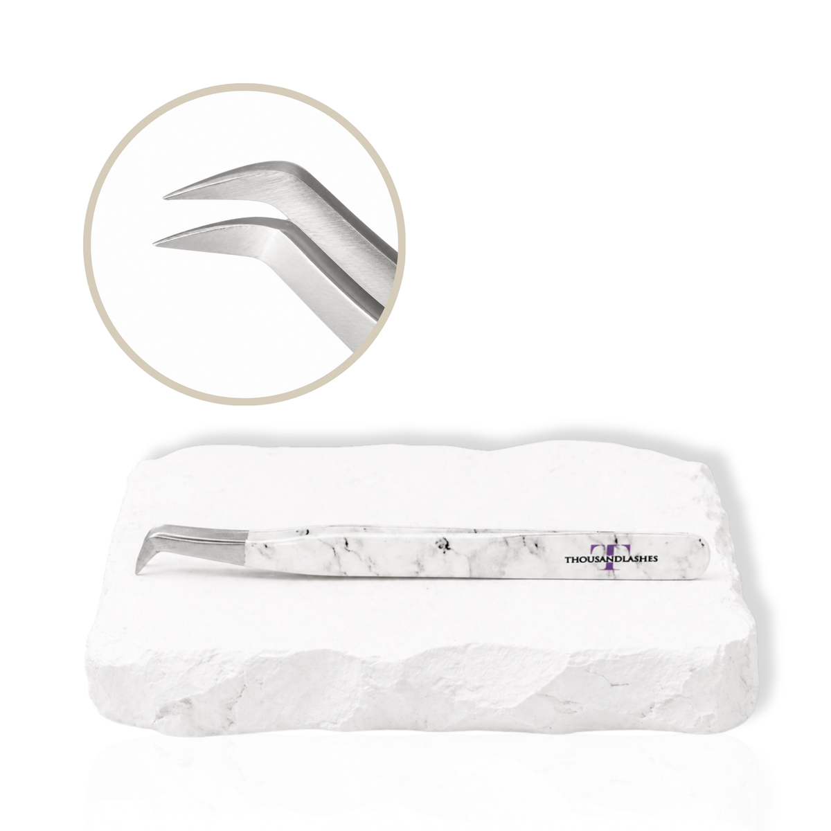 Beginner's lash tweezer with white marble-pattern handle and angled precision tip displayed on a white stone surface with a close-up of the tweezer tip.