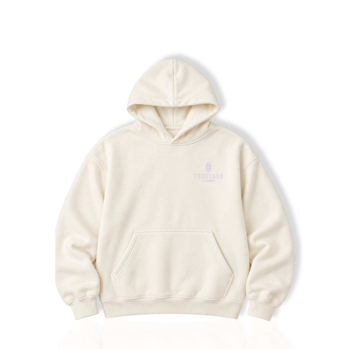 Beige oversized Thousand Lashes hoodie with front logo, hood, long sleeves, and front kangaroo pocket displayed on a white background.