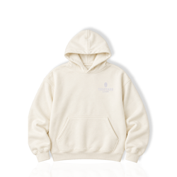 Beige oversized Thousand Lashes hoodie with front logo, hood, long sleeves, and front kangaroo pocket displayed on a white background.