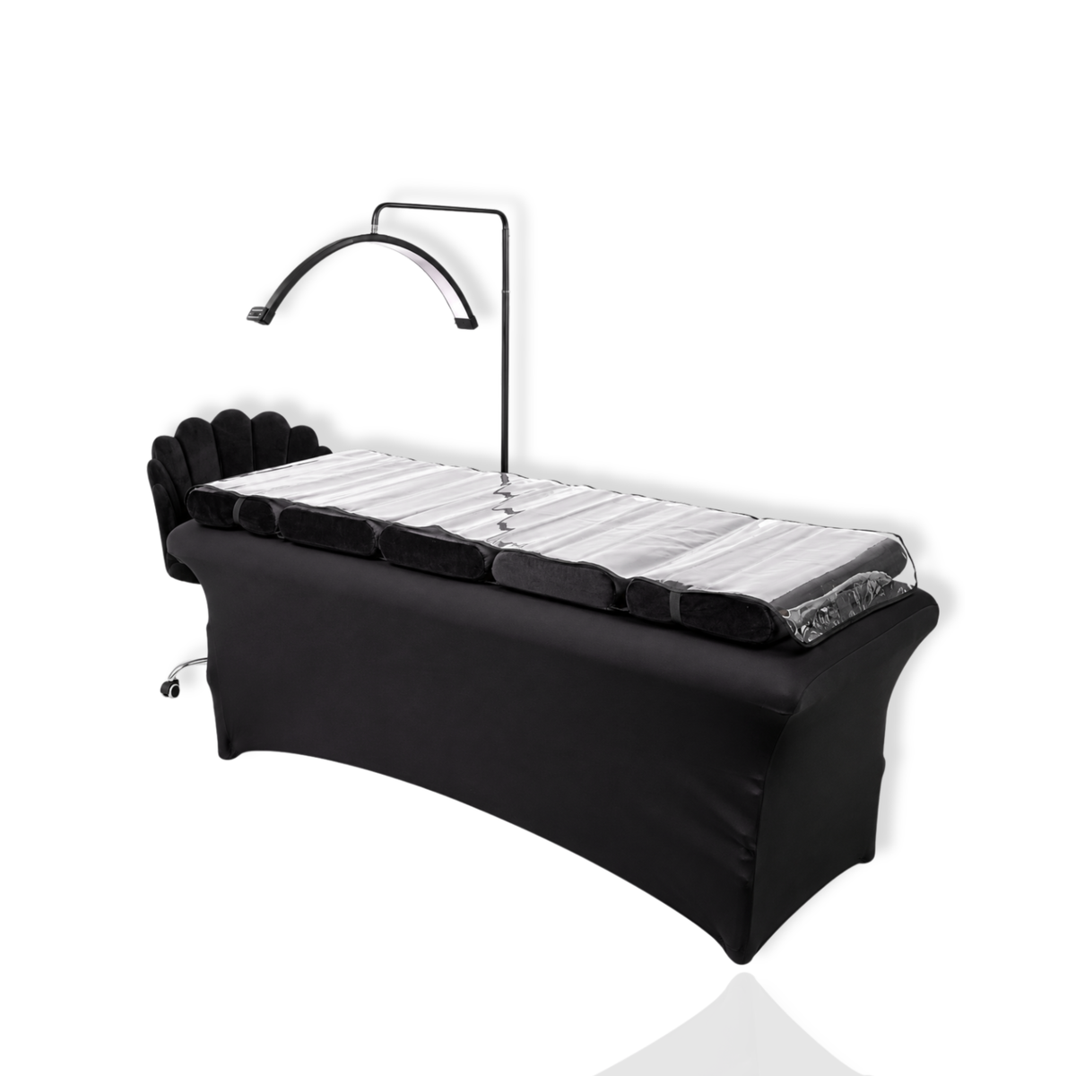 Black lash treatment bed with segmented cushion, protective cover, and adjustable arch lamp