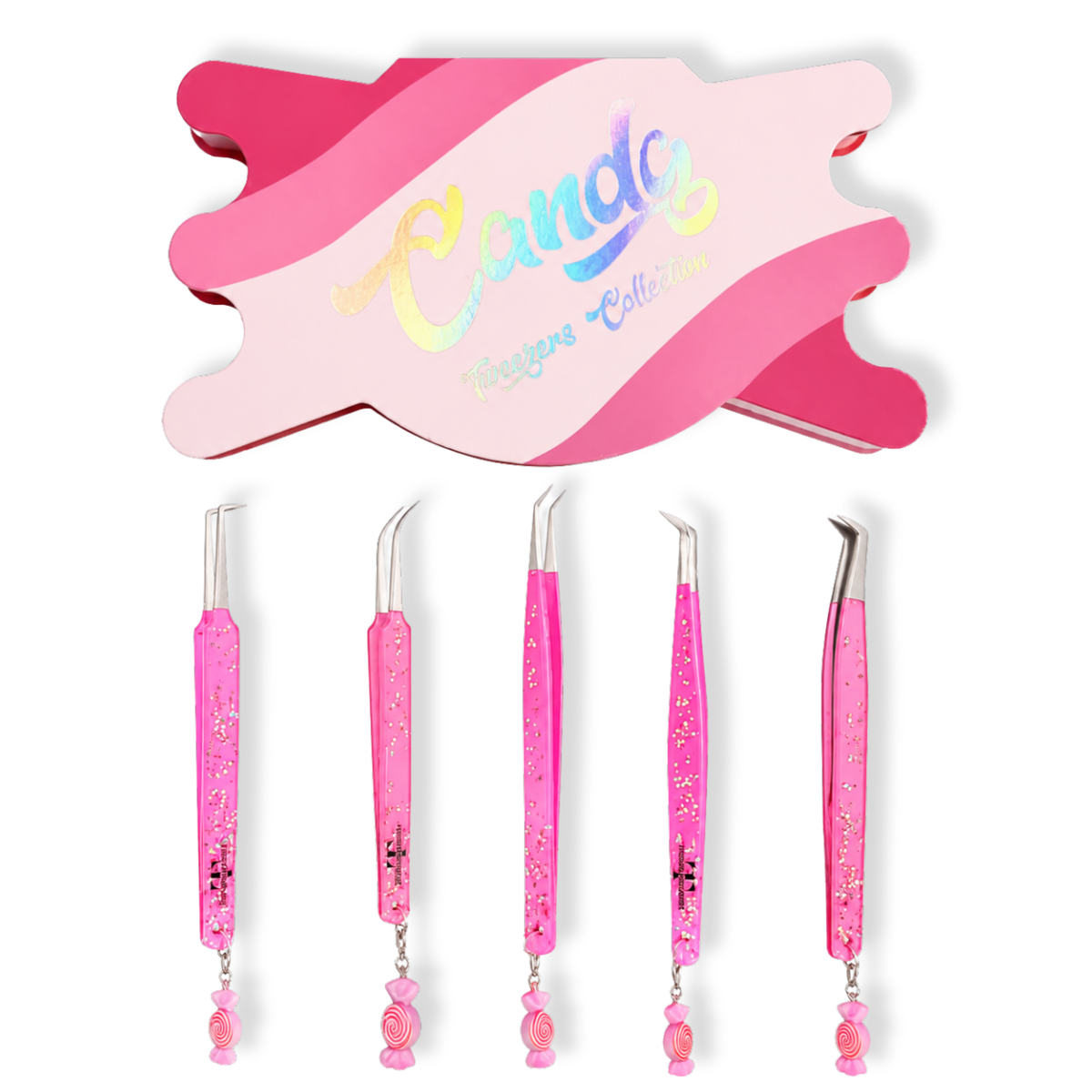 Candy Charm Collection lash tweezer set showing five pink tweezers with matching candy charms.