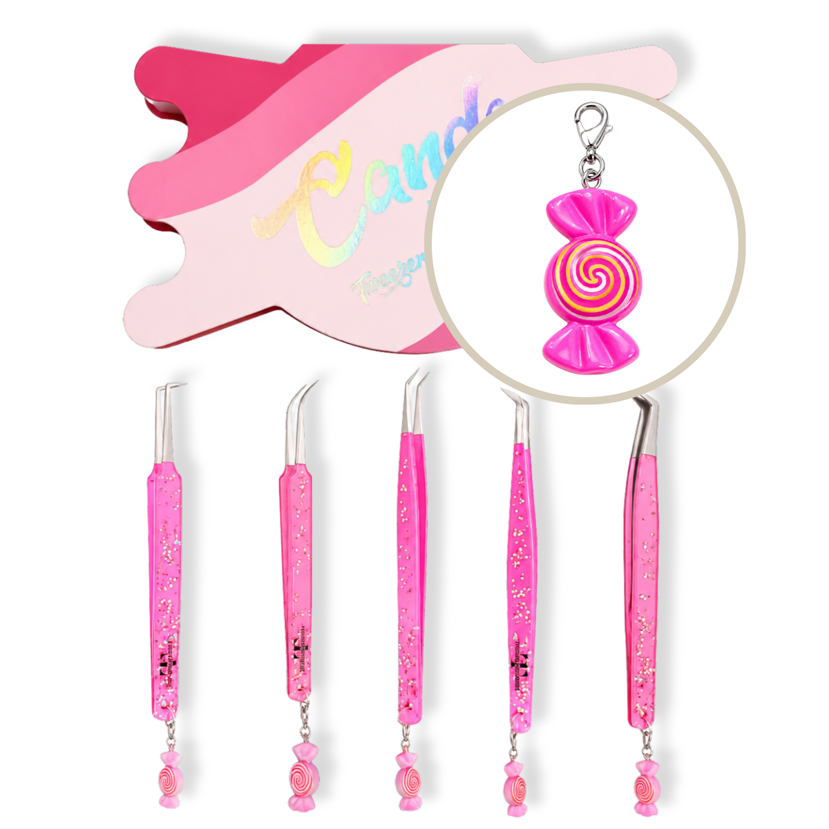 Candy Charm Collection tweezer kit with five pink lash tweezers and candy-shaped charms displayed on a pink candy-themed background.