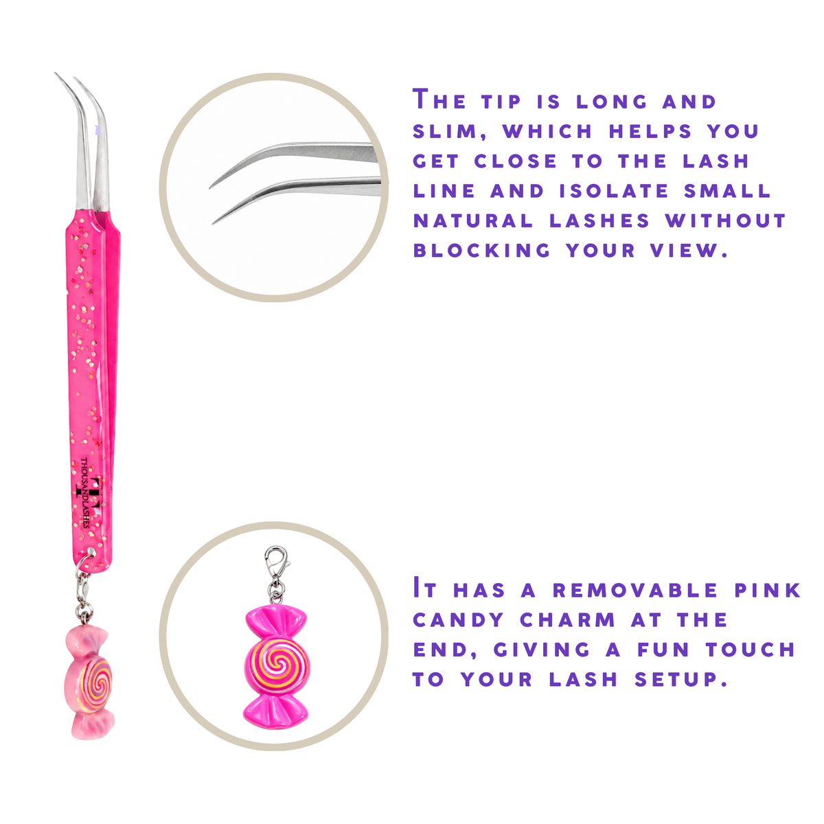 Candy Charm lash tweezer close-up showing fine curved tweezer tip and pink candy charm detail.