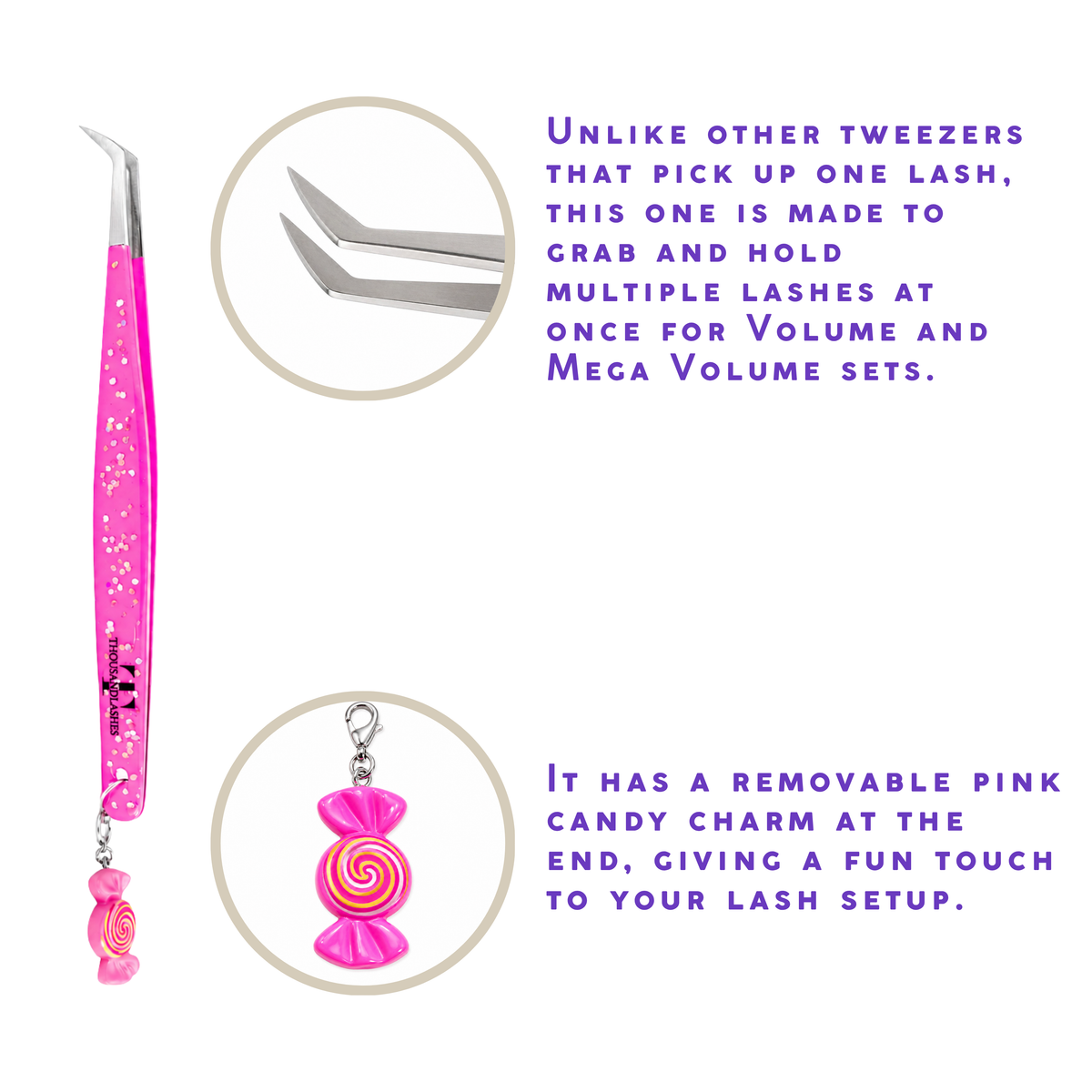 Candy Charm lash tweezer displayed on a white stone surface with angled tip detail.