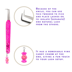 Candy Charm lash tweezer displayed with angled tip close-up and removable pink candy charm.
