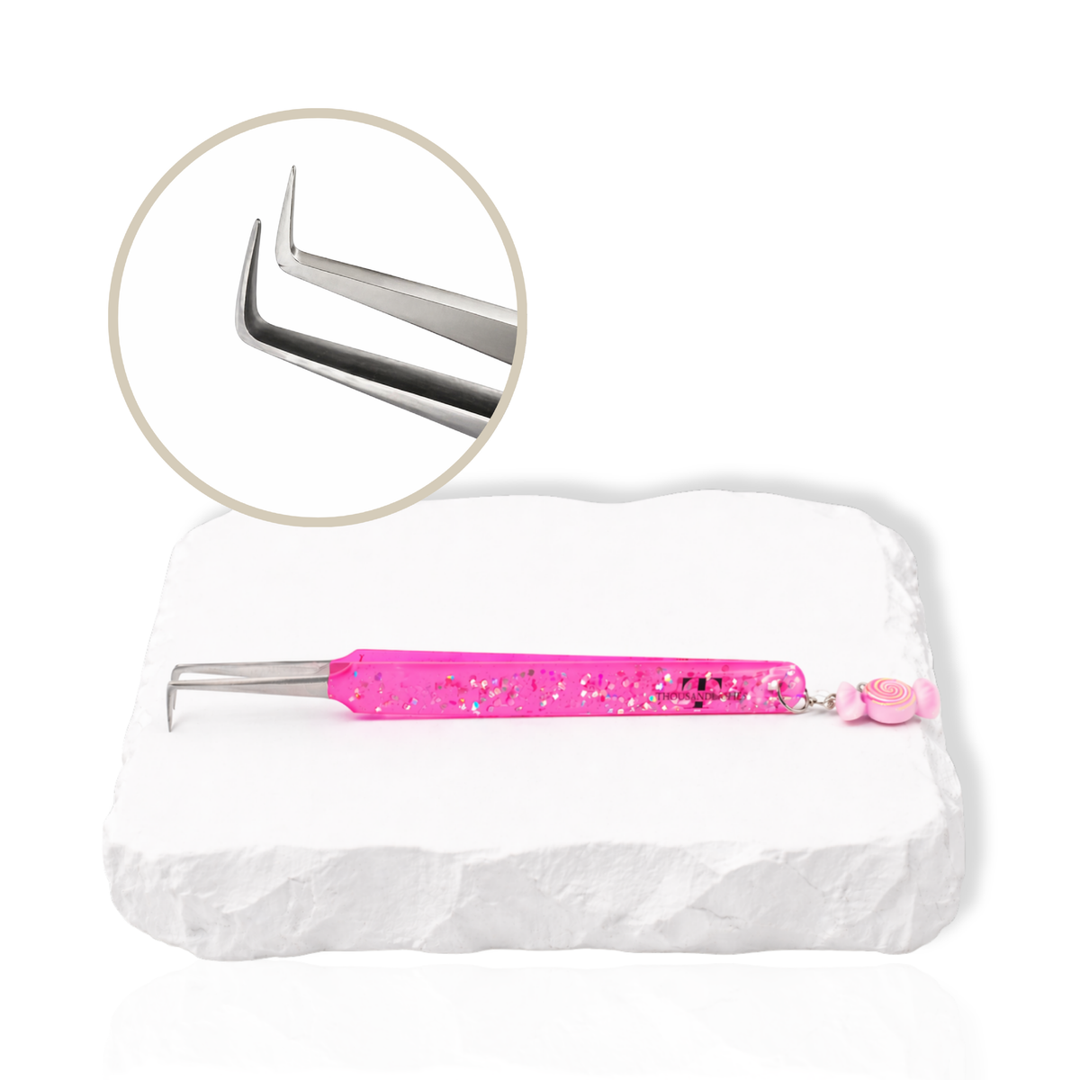 Candy Charm lash tweezer feature image showing curved tip, candy charm detail, and product design.