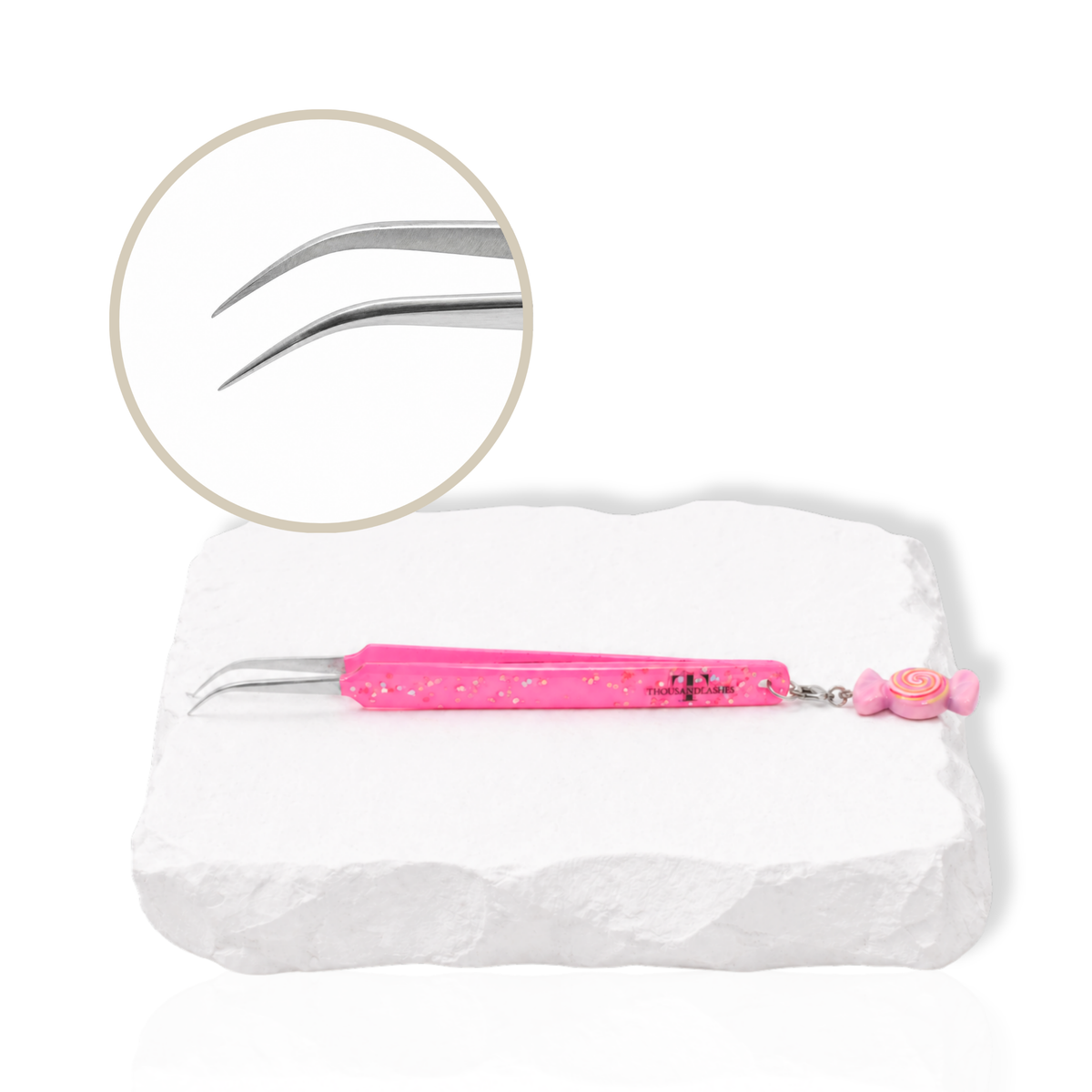 Candy Charm lash tweezer feature image showing long fine tip and candy charm attachment for lash application.