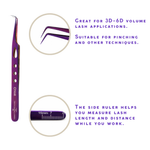 Chloe lash tweezer features showing curved tip, volume lash application design, and side ruler measurement markings