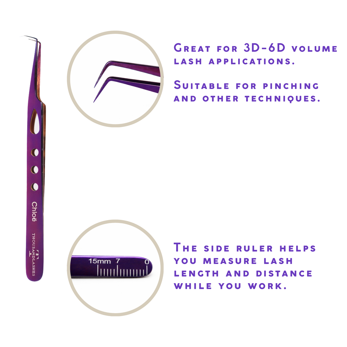 Chloe lash tweezer features showing curved tip, volume lash application design, and side ruler measurement markings