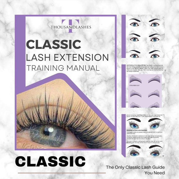 Classic Lash Extension Training Manual cover featuring lash extension techniques, eye mapping guides, and professional application lessons