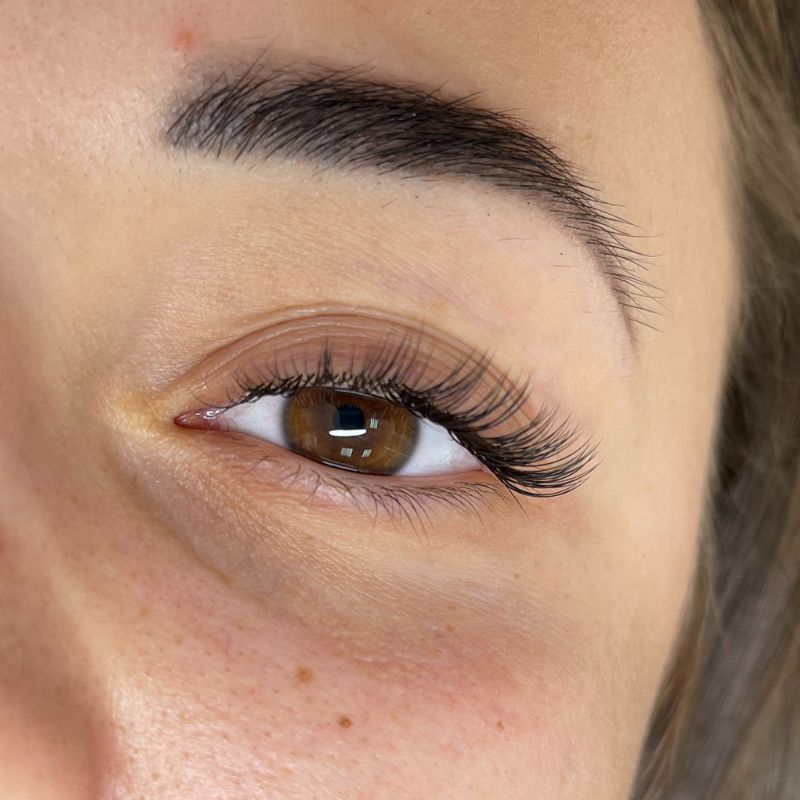 Close-up view of a classic lash extension set showing soft black lashes applied to a natural lash line with a wispy outer corner effect.