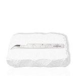 Dolphin curved lash tweezer side view showing the white marble finish and angled head design
