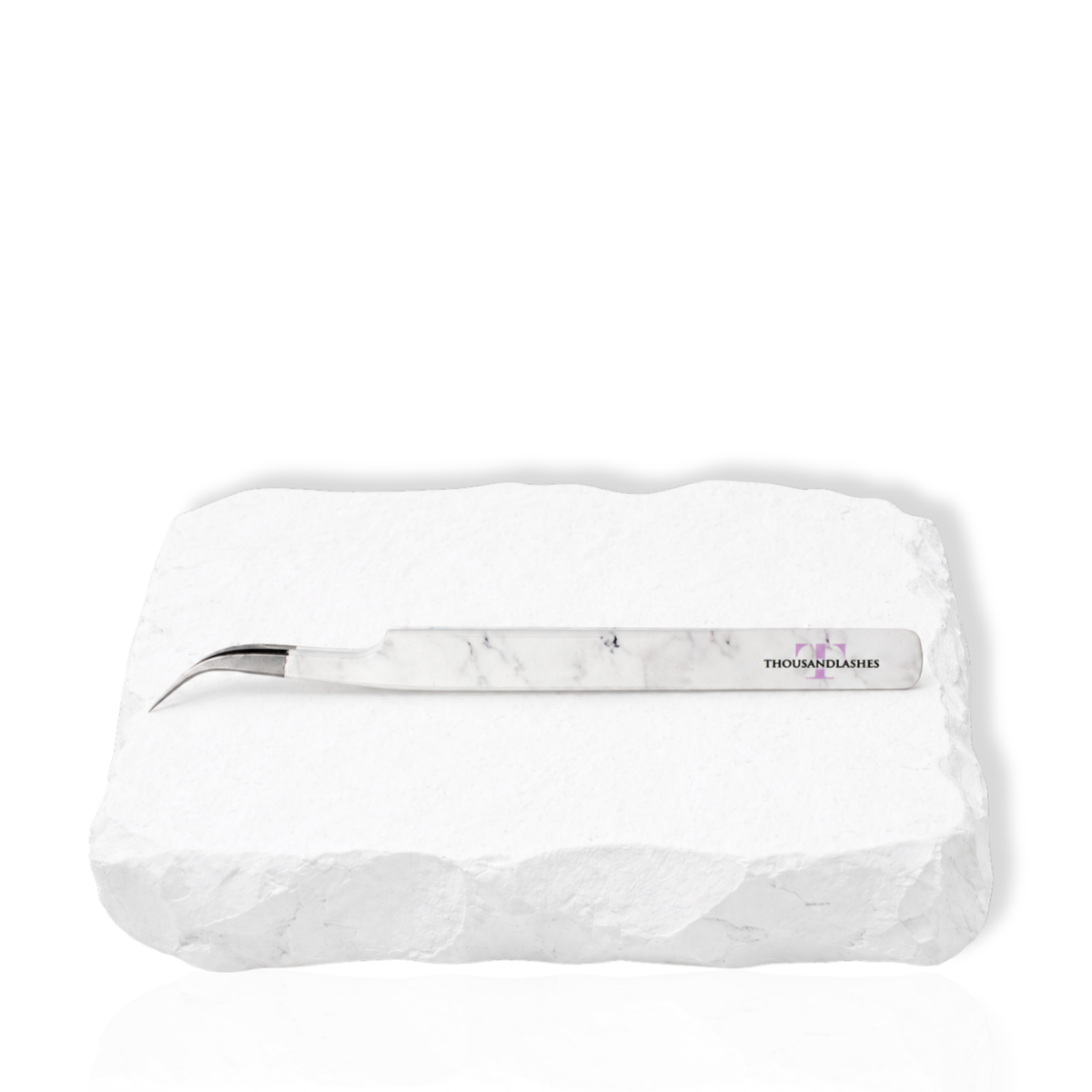 Dolphin curved lash tweezer side view showing the white marble finish and angled head design