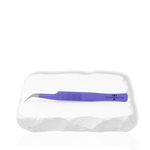 Dolphin curved lash tweezer with purple handle accent displayed on a white stone surface