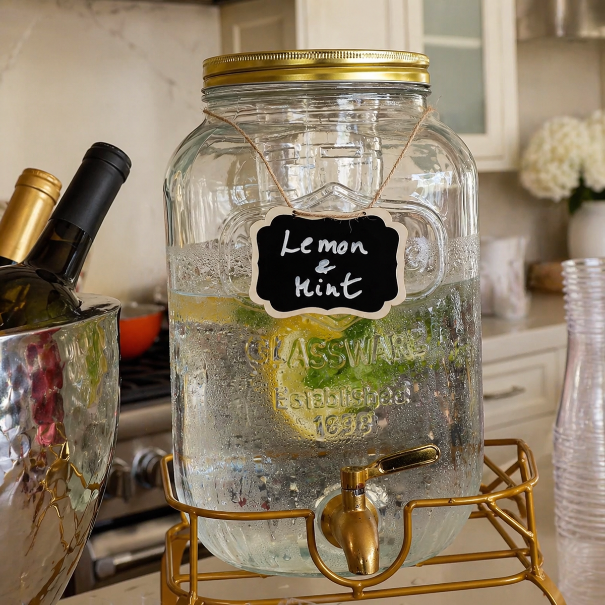 Glass drink dispensers filled with flavored beverages at an outdoor gathering.