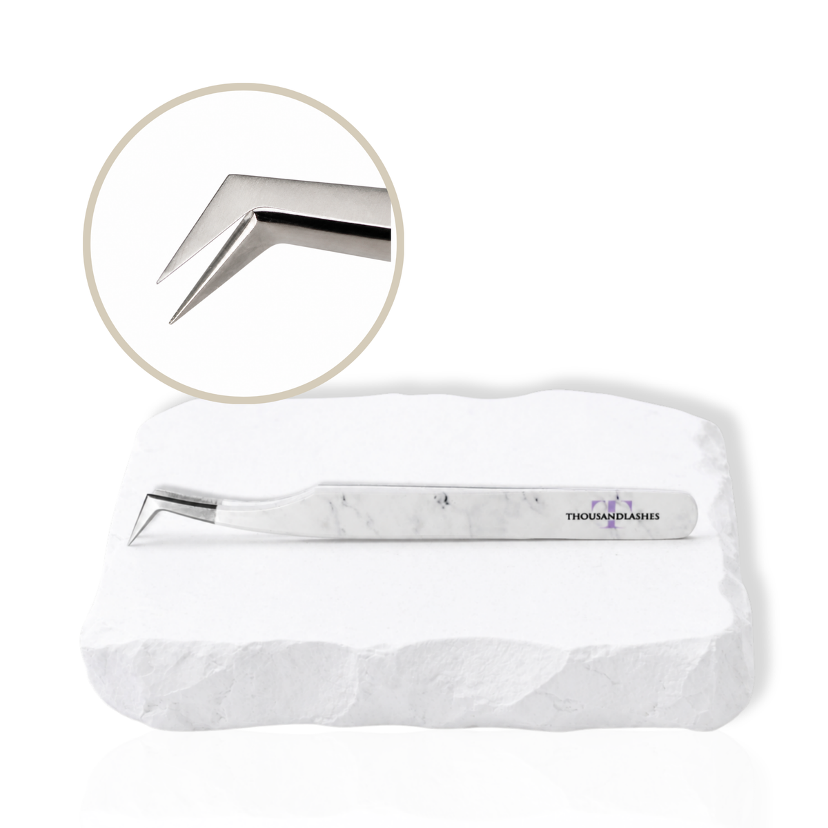 L-shaped lash tweezer with white marble-pattern handle showing the angled precision tip and close-up view of the curved tweezer tip on a white background.
