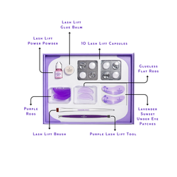Labeled overview of the Thousand Lashes Korean Lash Lift kit showing lash lift power mix, glue balm, lash lift capsules, purple rods, flat rods, lash lift brush, lash lift tool, and lavender sunset under eye patches.