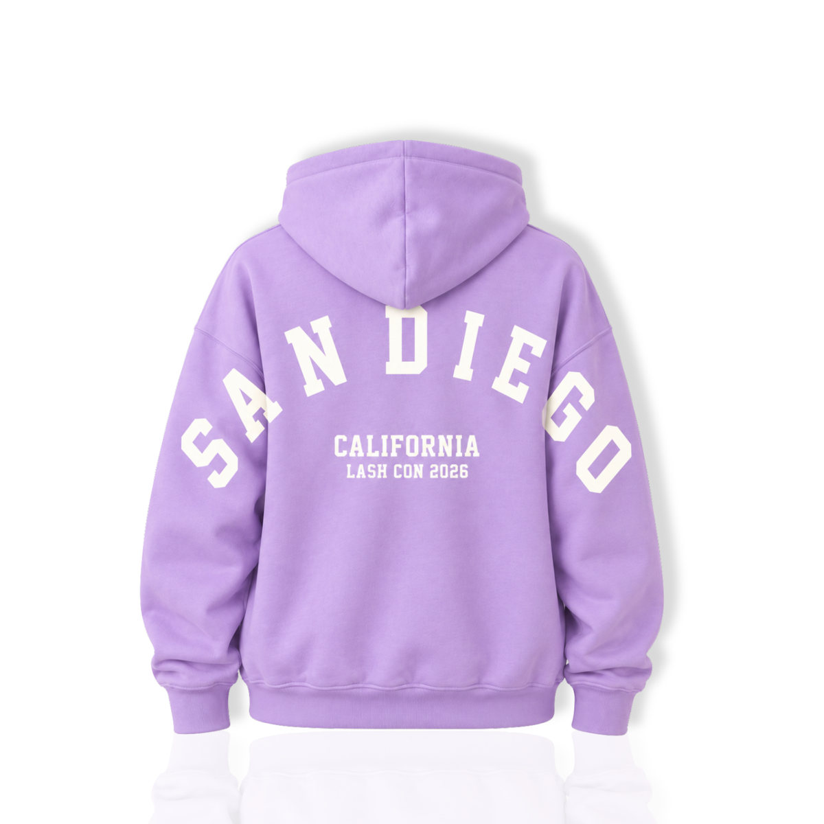 Lavender oversized Thousand Lashes hoodie showing the back design with “San Diego California Lash Con 2026” print on a white background.
