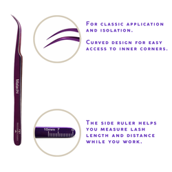 Malachi lash tweezer features showing curved design for classic lash application and side ruler for measuring lash length and distance