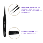 Noir Collection black lash tweezer displayed on a white stone surface with close-up of pointed tips.