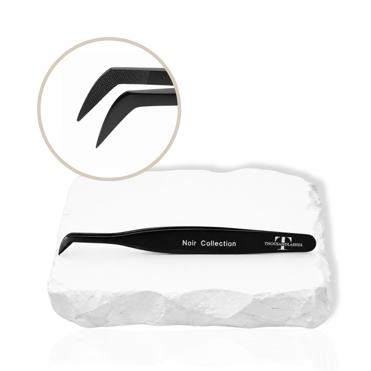 Noir Collection black lash tweezer displayed with angled tip close-up and built-in ruler detail.