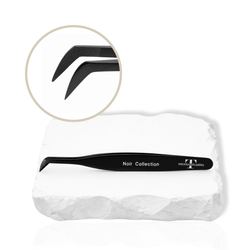 Noir Collection black lash tweezer displayed with angled tip close-up and built-in ruler detail.