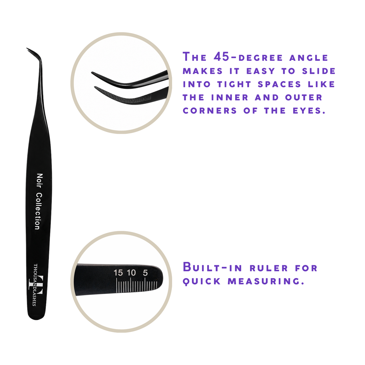 Noir Collection black lash tweezer displayed with close-up of curved precision tip and measurement ruler.