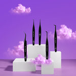 Noir Collection lash tweezer feature image showing 45-degree angled tip design for reaching inner and outer lash areas.