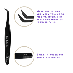 Noir Collection lash tweezer feature image showing curved tweezer tip and ruler markings for lash measurements.