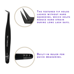Noir Collection lash tweezer feature image showing textured grip, tweezer tip detail, and built-in ruler for measuring lash length.