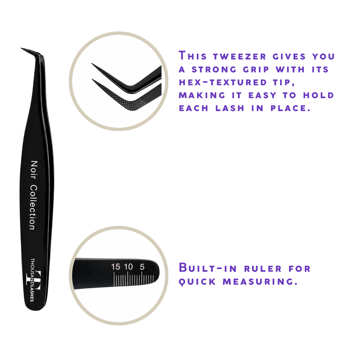Noir Collection lash tweezer feature image showing the angled tweezer tip, built-in ruler, and product details.
