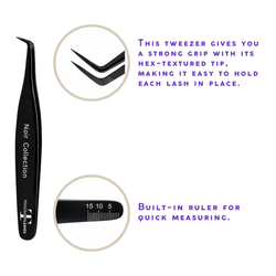 Noir Collection lash tweezer feature image showing the angled tweezer tip, built-in ruler, and product details.