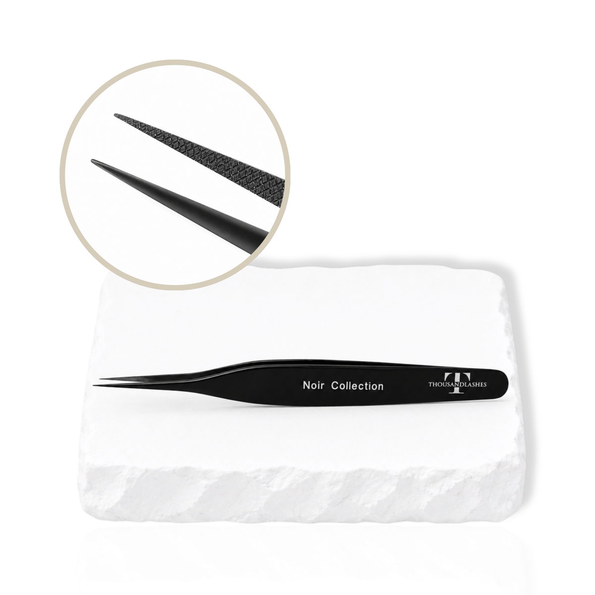 Noir Collection lash tweezer feature image showing volume lash tweezer design with grip detail and built-in ruler.