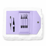 Noir Collection lash tweezer kit displayed in a purple storage case with multiple black tweezers.