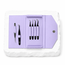 Noir Collection lash tweezer kit displayed in a purple storage case with multiple black tweezers.