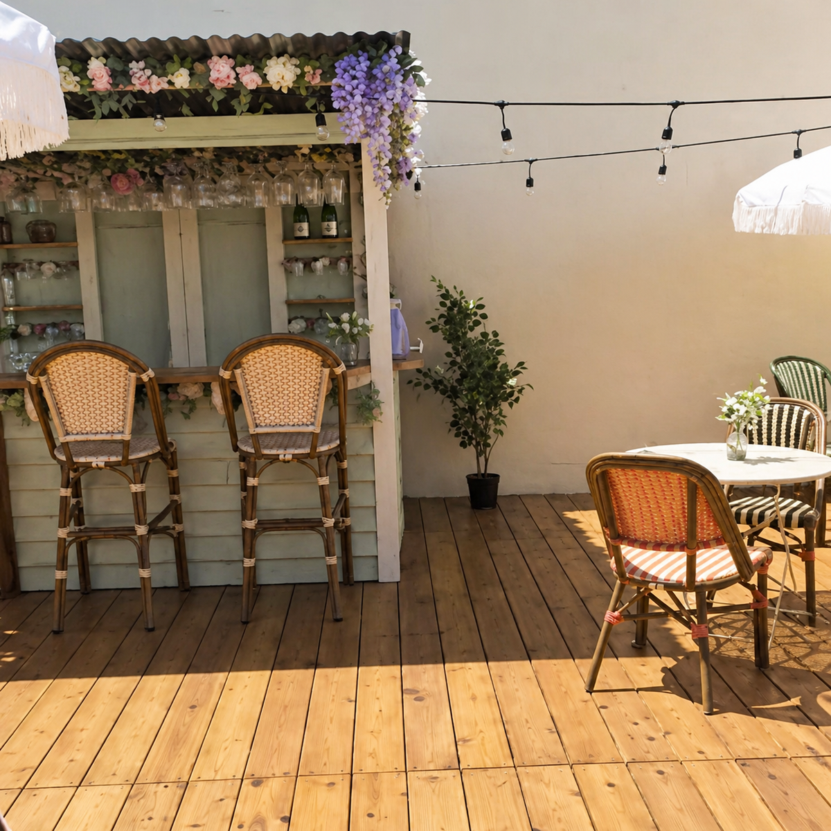 Outdoor lounge area with chairs, tables, and floral decorations for a wellness gathering.